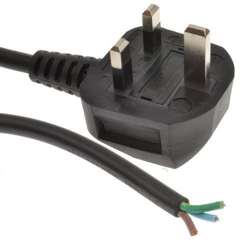 13 Ampere, vollständig geformter 3-poliger UK-Stecker auf abisolierte blanke Enden, 1 mm2 x 3, 1 Meter, 1 m