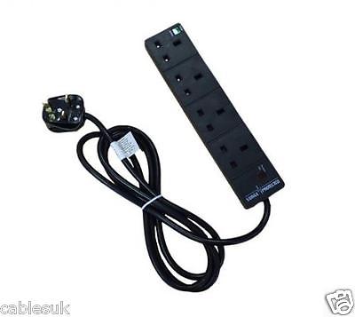Uk Plug to 4 Way Socket Black Extension Lead Surge and Spike Protected 5m 5 metres