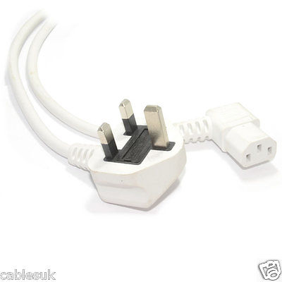 Câble secteur IEC13 femelle BLANC UK 5 A à angle droit 2 m pour TV